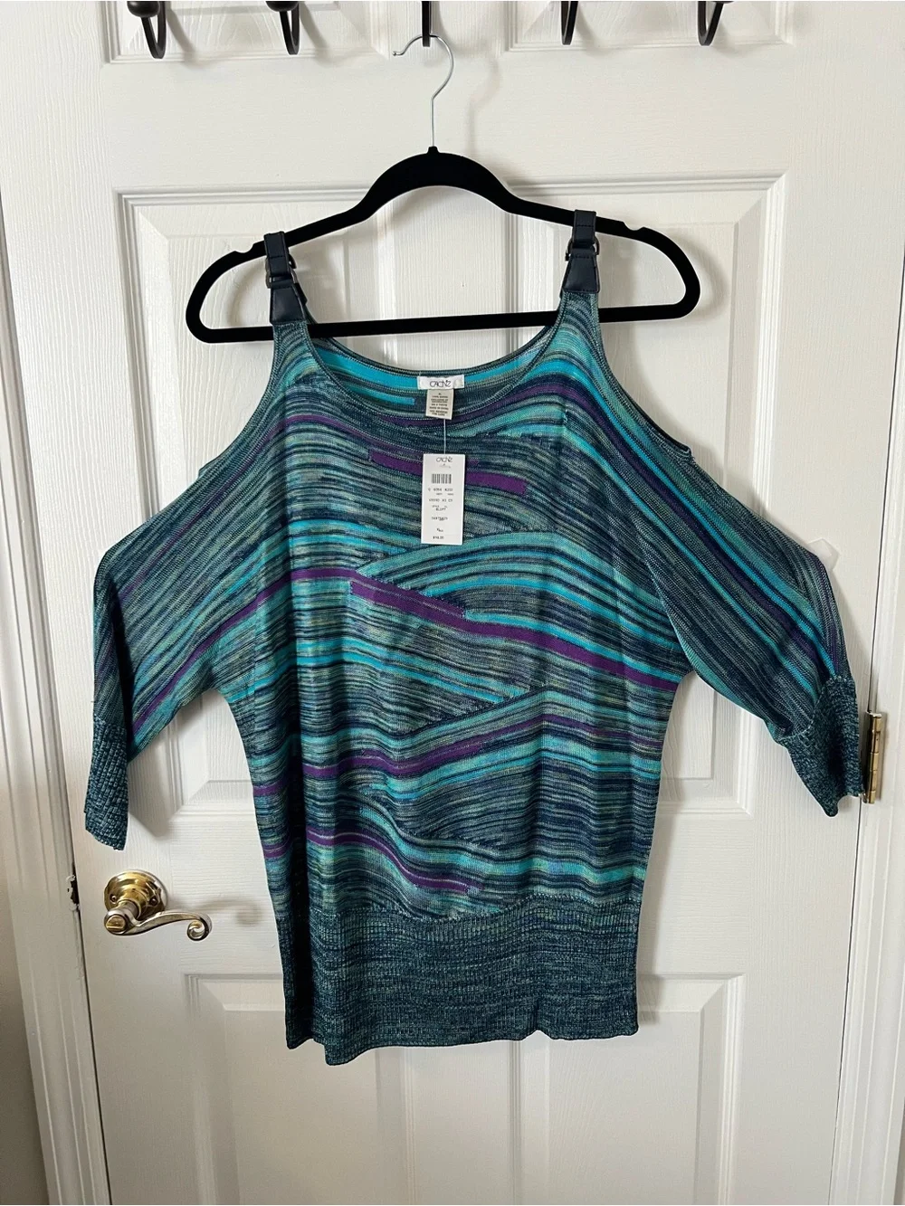 Striped Cold-Shoulder Knit Tunic in Teal & Purple